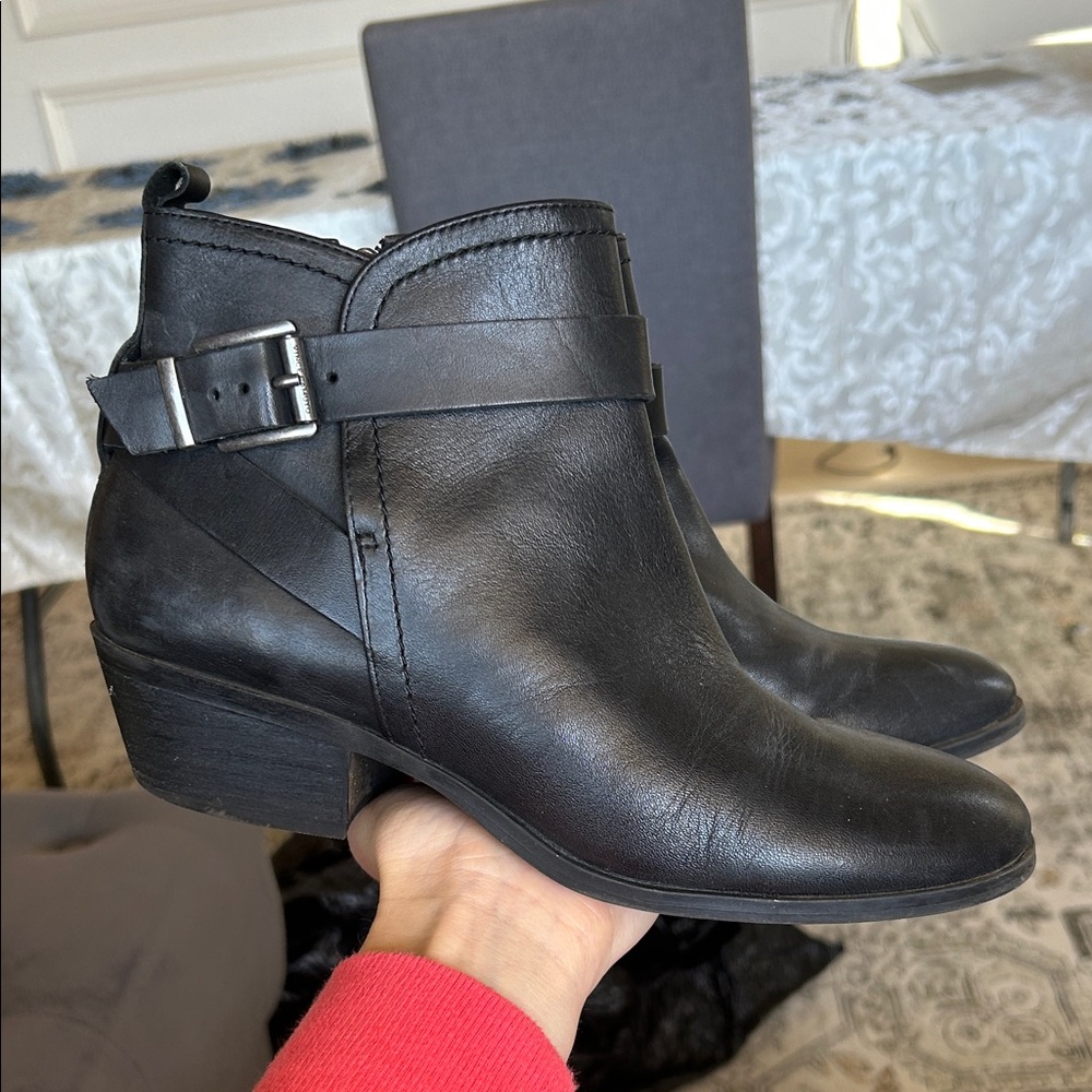 Vince Camuto Black Leather Ankle Boots with Buckle Western Casual Biker
